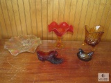 5 piece Lot Vintage Glass Red, Ruby, Amber, Carnival Vase, Tray, Shoe, Nesting Hen, Pedestal Dish +