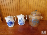 Pair Valiant Porcelain Blue & White Perculators and Large Pottery Cookie Jar