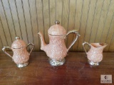 3 piece Vintage Tea Set Kettle, Sugar Bowl & Creamer Porcelain Pink