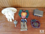 Lot Wall Decorations Brass Switch Plate, Tin Mail Holder, Love Birds Shelf, Apple Suncatcher +