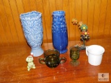 7 piece Lot Blue Pottery Vases, Vintage Green Glass, Christmas Froge, Floral Design +