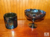 Lot 2 Amethyst Carnival Glass Pieces Pedestal Bowl & Grape Vine Pattern Jar
