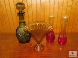 Lot Green Glass Decanter, Amber Glass Fan Vase, and 2 Yellow - Red Fade Glass Bud Vases