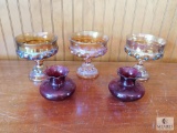 Lot 3 Carnival Glass Sorbet Desert Goblets & 2 Red Glass Mini Vases