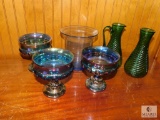 Lot 3 Carnival Glass Sorbet Desert Goblets & Green Glass Pitcher and Vase, and Blue Glass Vase