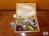 Vintage Jewelry Box with Costume Jewelry Pins, Bracelets, Earrings, +