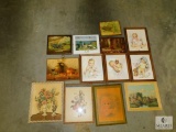 Lot 13 Vintage Framed Prints & Wood Picture Plaques