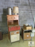 Lot Wood Cabinet, Toolbox with Fasteners, Stock Pot, Lamp & Tables