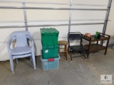 Garage Lot 2 Plastic Stacking Chairs, Storage Totes, Stool, Folding Chair, Portable Table