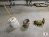 Lot #3 Pottery Churn, Pottery Flower Pot, and Large Brass or Bronze Goose with Eggs Sculpture
