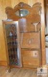 Antique Oak Secretary Side by Side with Glass Door, Mirror, and Key
