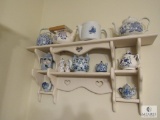 Wood white Wall Shelf with Blue & White Porcelain Teapot Collection