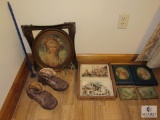 Lot Vintage Framed Prints Art and Ceramic old Shoes Flower Pots