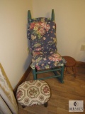 Lot Vintage Wicker Bottom Rocking Chair, and 2 Wood Foot Stools one with upholstery