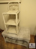 Vintage Lot White Wicker 3 Tier Shelf and Coffee Table