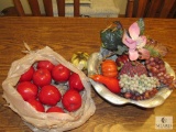 Metal pewter like Large Bowl with Lot of Faux Fruit Decorations