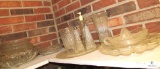 Shelf Lot Clear Cut Glass Egg Platter, Salt Pepper Shakers, Vases, Bowls, Jucier, +