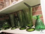 Shelf Lot Vintage Green Tinted Glass Vases, Candle Holders, Candy Dish, Bowl, etc