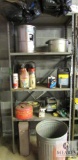 Metal shelf with contents Gas can, Trash can, Coffee Thermos, +