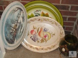 Lot of 4 Vintage Serving Platters and Large Green Decorated Brandy Glass