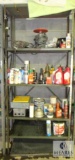 Metal shelf with contents Paints, Oils, Electrical hardware