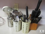 Large lot Silverware & Kitchen Utensils & Knife Block