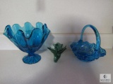 Lot vintage blue glass Swan, Basket, and scalloped Vase