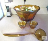 Carnival Glass orange Punch Bowl set with ladle & Cups