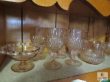 Large lot Pink Depression Glass pieces Pitcher, Cups, Candy dish, Goblets +