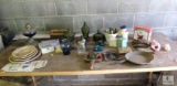 Lot of Vintage glassware Oil Lamps, Cast iron pan, plaques +