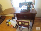 Morse Zig zag MZZ Sewing Machine Table Mounted with Several Sewing Supplies