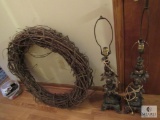 Pair Vintage bronze like Table Lamps Ornate design & Twig Wreath