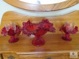 Set of 3 Red Glass Ruffled Edge Glassware Pedestal Bowls