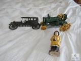 Lot Cast Iron Tractor, Old Tin car silhouette & Ship Captain figure