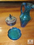 Lot Blue & Carnival Glass Pitcher, Bowl, and Ashtray