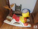 Small kids wood & Rattan chair, Big Bird Rocker, Stool, and Wood Reindeer