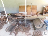 Lot of wood scrap boards, doghouse, bench, plywood +