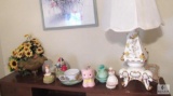 Contents of shelf Large Ceramic Cherubs Lamp, Vintage Porcelain, Glass, and Floral