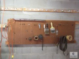 Shop wall lot Drop Cords, Paint Brushes, Clamps, plant holder
