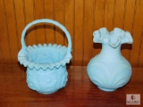 Lot 2 Fenton baby blue satin Ruffle edge Vase & Basket