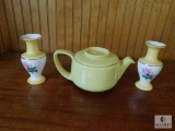Lot Yellow pottery Tea Kettle and 2 small porcelain vases