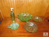 Lot of Vintage Green Glass Fruit / nut bowls, Soap dispenser, & tray