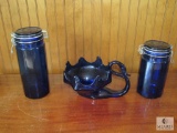 Pair of Cobalt Blue Glass Canisters & Swan shaped dish bowl