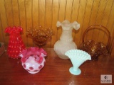 6 Piece Lot Vintage Ruffled Edge Glass Vases, Bowl, and Basket