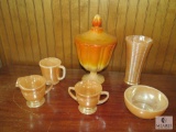 6 piece Lot Orange Carnival type Glass Fire King + Vase, Sugar & Cramer, Mug & Bowls