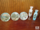 Lot of 3 Collector Plates Old Farmhouse Scenes & 2 Floral Painted Glass Vases