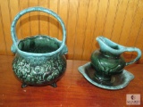 2 piece Lot of Hull Pottery Green drip Basket & Small Pitcher with Tray