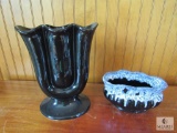 Lot Unique Hull Pottery Black 3 Horn Vase & Black and White Drip Bowl