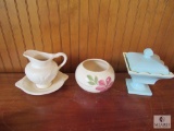 3 Piece Lot of Hull Pottery White Pitcher with Tray, Floral Flower Vase Dish, & Blue Covered Dish