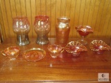 9 piece Lot Amber / Orange Carnival Glass Vases, Pedestal Dish, Saucer & Cups, and Lace Edge Bowls